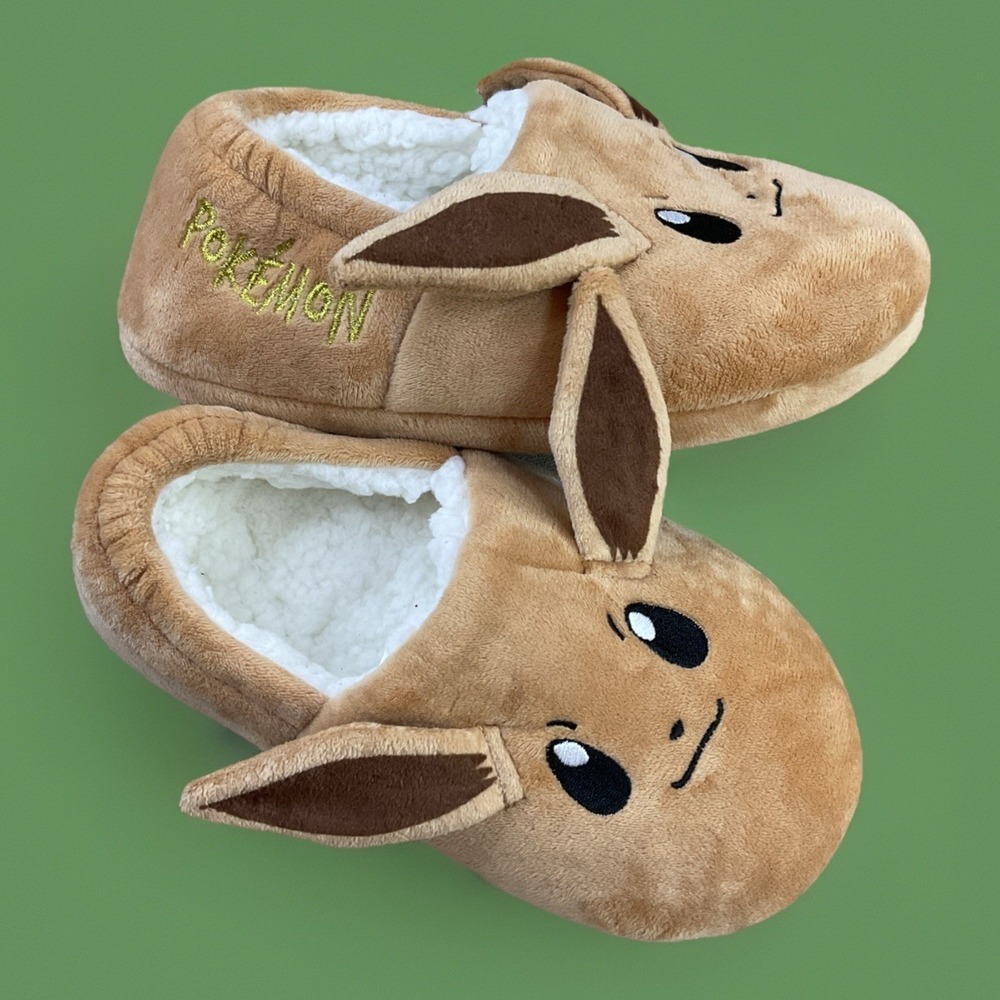 Pokemon Eevee Slippers Shoes 3D Sherpa Lined Ears Embroidered Kids Sz 2.5 EUC